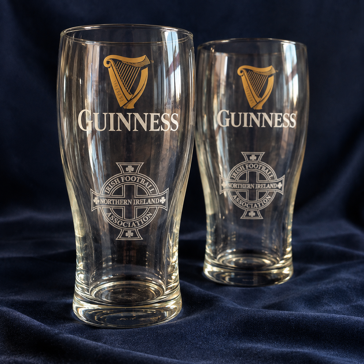 2x Engraved Guinnness Glasses with NI Badge