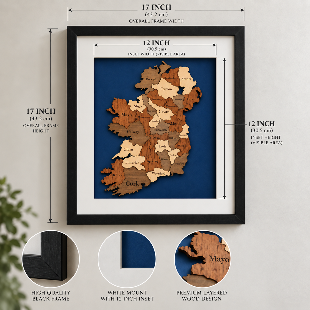 Handcrafted Wooden Ireland Map | Laser-Cut Engraved (Framed)